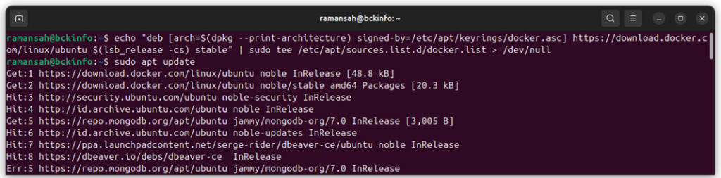 echo "deb [arch=$(dpkg --print-architecture) signed-by=/etc/apt/keyrings/docker.asc] https://download.docker.com/linux/ubuntu $(lsb_release -cs) stable" | sudo tee /etc/apt/sources.list.d/docker.list > /dev/null